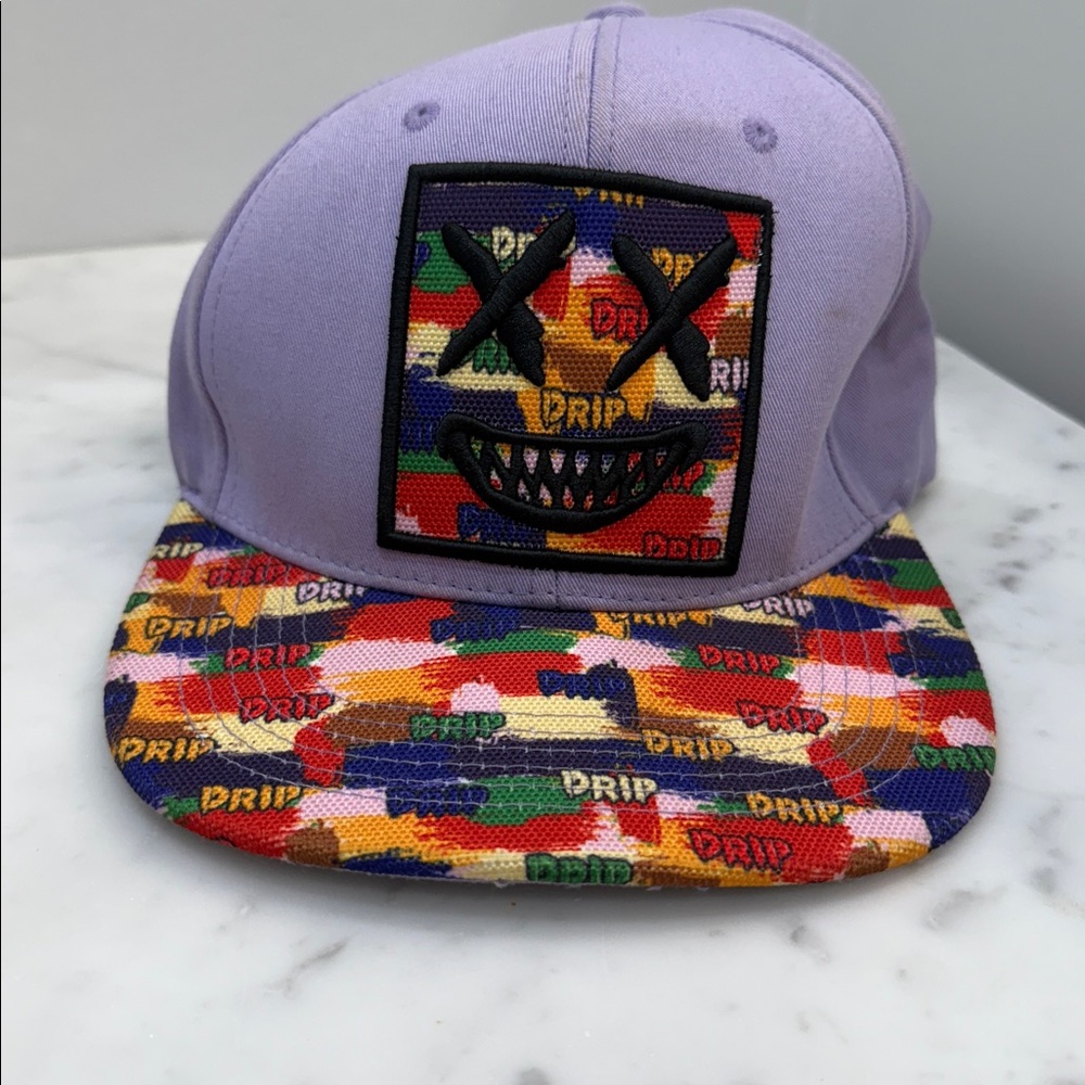 Top Level Scary Face Patch Allover Drip Visor Snapback Hat Lavender